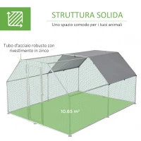 Pawhut Recinto Gabbia per Galline da Esterno in Metallo Galvanizzato, Pollaio per Galline Ovaiole da Esterno, Porta con Blocco e Sezione con Tessuto Oxford, 280x380x195 cm, Argento(m-7)