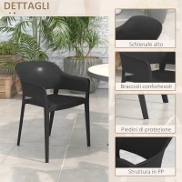 Outsunny Set 4 Sedie da Giardino in Plastica Impilabili con Braccioli e Schienale Alto in PP, Nero(m-6)