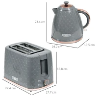 HOMCOM 1.7L 3000W Fast Boil Kettle & 2 Slice Toaster Set, Kettle and Toaster Set with Auto Shut Off, Browning Controls, Grey(m-3)