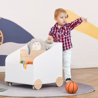 HOMCOM Kinderbücherregal mit Räder Bücherregal für Kinder Aufbewahrungsregal Spielzeugregal mit großem Stauraum MDF Kiefernholz Metall Kunststoff Weiß+Naturholz 40 x 43 x 43 cm(m-2)