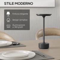 HOMCOM Lampada Senza Filo Touch Luce LED 3 Tonalità e Batteria Ricaricabile, Ø13x28.5cm, Nero(m-7)