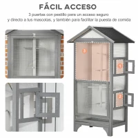 PawHut Jaula para Pájaros de Madera con 3 Puertas 4 Perchas Bandeja Extraíble y Techo Asfáltico 80,5x57x153 cm Gris Claro(m-6)
