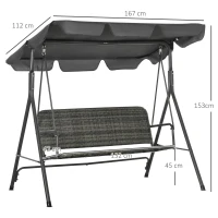 Outsunny Dondolo da Giardino 3 Posti con Tettuccio Regolabile in Rattan PE, 167x112x153cm, Grigio Scuro(m-3)