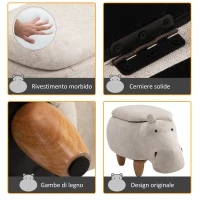 HOMCOM Pouf Contenitore a Forma di Ippopotamo con Gambe in Legno e Rivestimento Bianco Crema, per Cameretta 65x35x36cm(m-6)