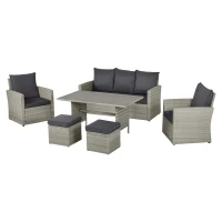 Outsunny Poly Rattan Sitzgruppe 6 tlg. Garten Essgruppe Sofa-Set Sofa Lounge Hocker Hof Balkon Pool PE Rattan Grau(m-6)