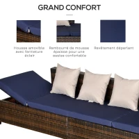 Outsunny Canapé lit de jardin 3 places inclinable latéralement matelas et coussins inclus résine tressée imitation rotin chocolat(m-7)