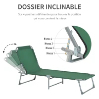 Outsunny Bain de soleil transat pliable dossier réglable multipositions métal et polyester vert(m-4)