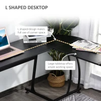 HOMCOM L Shape Computer Desk Corner Display Table Laptop Study Desk Minimalist Space Saving Wood Steel Gaming PC Workstation for Home Office 112.5x152x74cm Black(m-4)