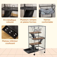 PawHut Cage pour Petits Animaux Portable à 4 Niveaux Cage Chinchilla Cage Furet avec Roulettes, 2 Portes, 3 Rampes, Hamac et Plateau Amovible, 52 x 52 x 113,5 cm Gris(m-6)