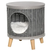 PawHut Cueva para Gatos de Ratán Ø36x40,5 cm Cesta para Gatos Rolliza con Cojín Lavable Plataforma y Patas de Madera de Pino Extraíble Gris(m-10)