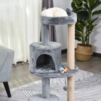 PawHut Katzenbaum 4-Stock Katzenhöhle Katzenhaus mit Spielbällen Sitzstange Sisalsäule und Kratzbrett groß stabil luxuriös Sisal Plüsch Grau 48x48x104 cm(m-7)