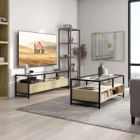 HOMCOM TV-Bank im Industriedesign, 3 Schränke, 3 offene Regale, Glasplatte, Natur + Schwarz(m-9)