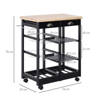 HOMCOM Carrello da Cucina Multiuso in Legno di Pino 74 x 37 x 75cm Nero(m-3)