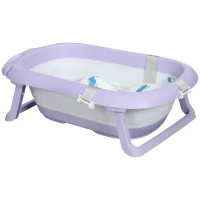ZONEKIZ Vaschetta Bagnetto Pieghevole Bambini 0-6 Anni con Cuscino e 2 Ripiani, 83x48x23.5 cm, Viola e Bianco(m-10)