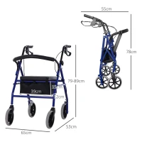 HOMCOM Andador para Adultos Plegable Con Almacenaje Asiento y Frenos 65x53x79-89 cm Azul y Negro(m-3)