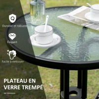 Outsunny Ensemble bistro de jardin 3 pièces 2 chaises pliables + table basse ronde verre trempé métal époxy toile en maille haute densité(m-4)
