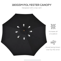 Outsunny 3(m) Garden Parasol, Pulley Operated Patio Umbrella, Wooden Table Market Umbrella with Rope Pulley Mechanism and 8 Ribs, Black(m-5)