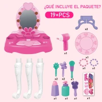 HOMCOM Tocador de Juguete para +3 Años con 16 Accesorios Función de Música y Luces Mesa de Tocador con Taburete Espejo 36x20x59,5 cm Rosa(m-8)