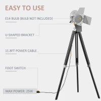 HOMCOM Industrial Tripod Floor Lamp, Nautical Cinema Standing Spotlight with Wood Legs and Adjustable Height for Living Room, Bedroom, Black and Silver(m-6)