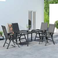 Outsunny Outdoor Sitzgruppe, 4 klappbare Stühle, Tisch mit Glasplatte, verstellbare Rückenlehne, Aluminium, Dunkelgrau(m-2)
