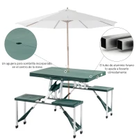 Outsunny Mesa Maleta de Camping Plegable Portátil 4 Asientos y Agujero Sombrilla Estructura Aluminio Playa Picnic 135.5x84.5x66cm (Verde)(m-7)