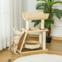 PawHut Árbol Rascador para Gatos 60x30x76 cm con Cama de Lino Postes Rascadores de Sisal Natural Plataforma Tipo Túnel Rampa y Juguetes Colgantes Beige y Marrón(m-2)