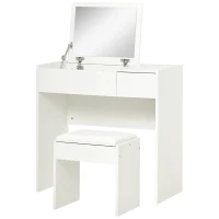 HOMCOM Coiffeuse Table de Maquillage Design Contemporain 80L x 40l x 79H cm Miroir escamotable, tiroir, Coffre + Tabouret Blanc(m-10)