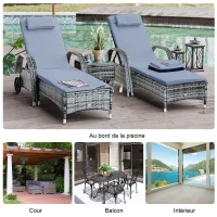 Outsunny Lot de 2 transats bains de soleil grand confort : matelas, têtière, inclinaison réglable multipositions, accoudoirs, roulettes + table basse verre trempé résine tressée gris(m-7)