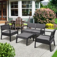 Outsunny Outdoor Garden PP Rattan Style Sofa Set, 4 PCS Patio Coffee Table Set w/ Cushioned 2 Single Chairs & 1 Loveseat Conservatory Furniture, Grey(m-2)