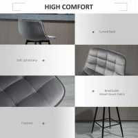 HOMCOM Set of 2 Bar Stools Velvet-Touch Dining Chairs Kitchen Counter Chairs    Fabric Upholstered seat with Metal Legs, Backrest, Grey(m-5)