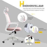 Vinsetto Bürostuhl mit Wippfunktion höhenverstellbarer Computerstuhl ergonomischer Drehstuhl mit Armlehne Kopfstütze Samtoptik 63 x 64 x 118-128 cm Rosa(m-5)