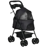 PawHut Dog Pram Dog Stroller Foldable Pet Pushchair with 4 Wheels, Safety Leashes, Cup Holder for Small Dogs, Black(m-1)