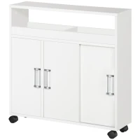kleankin Mobiletto Bagno con Porte Scorrevoli, Ripiano Regolabile e 4 Ruote in Truciolato e Lega di Alluminio, 70x20x71cm(m-1)