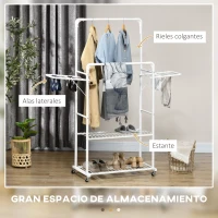 HOMCOM Perchero de Ropa con Ruedas Tendedero Vertical con 2 Alas Plegables 2 Rieles Colgantes 2 Estantes 153x43,7x171cm Blanco(m-4)