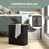 HOMCOM Cesto Portabiancheria da 80L a 2 Sezioni con Coperchio, in Tessuto non Tessuto e Bambù, 54x34x58.5 cm, Nero(m-5)