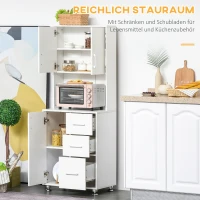 HOMCOM Küchenschrank Hochschrank mit 2 Türen Regal Mikrowellenregal Küchenbuffet mit unterem Aufbewahrungsschrank und 3 Schubladen Kommode Spanplatte Stahl Weiß 60 x 40 x 160 cm(m-4)