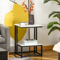 HOMCOM Mesa Auxiliar para Salón Mesa Lateral con 2 Estantes de Almacenaje y Estructura de Acero Superficie Imitación Mármol Estilo Moderno 45x40x61,5 cm Blanco(m-2)