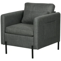 HOMCOM Poltroncina Moderna in Tessuto effetto Lino con Gambe in Acciaio e Tasche laterali, 73x73x80cm, Grigio(m-10)