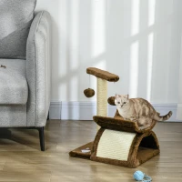 PawHut Tiragraffi Gatto Albero Tira Graffi Gioco Giocattolo per Gatti con Cuccia 2 Palline Appese in Sisal Naturale Altezza 43cm(m-2)