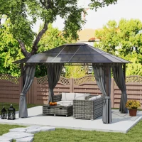 Outsunny 3 x 3.6m Hardtop Gazebo Canopy with Polycarbonate Roof Garden Pavilion with Removable Curtains and Steel Frame, Dark Grey(m-8)