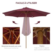Outsunny Parasol de jardin extérieur parasol droit double toit en bois polyester haute densité protection solaire Ø 3 x 2,5 m rouge(m-4)