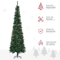 HOMCOM Árbol de Navidad 225 cm de 706 Ramas Árbol de Navidad Estrecho Forma de Lápiz con 56 Piñas Base Plegable Verde(m-4)
