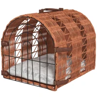PawHut Transporttasche für Katze Hund aus Weide geflochten Korbhöhle mit Kissen Gitter für Transport Katzen Hunden Braun Metall 42 x 35 x 37 cm(m-10)