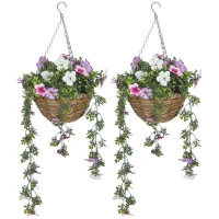 HOMCOM Set of 2 Artificial Silk Azalea Flowers, Hanging Planters with Basket, Faux Plants for Home Indoor Outdoor Decor, Pink and White(m-11)