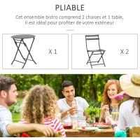 Outsunny Salon de jardin bistro pliable - table ronde Ø 60 cm avec 2 chaises pliantes - métal thermolaqué gris(m-5)