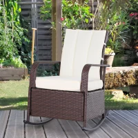 Outsunny Rocking Chair Fauteuil à Bascule Grand Confort Style Cosy Coussins Assise Dossier déperlant crème résine tressée Imitation rotin Chocolat(m-2)
