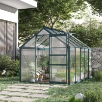 Outsunny 6 x 10ft Polycarbonate Greenhouse, Large Walk-In Green House with Slide Door and Window, Garden Plants Grow House with Aluminium Frame and Foundation, Dark Green(m-10)