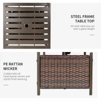 Outsunny Rattan Garden Coffee Table, 55.5 cm Square Wicker Patio Side Coffee Table with 4 cm Umbrella Hole, Metal Bottom and Slatted Top for Outdoor, Balcony, Brown(m-6)