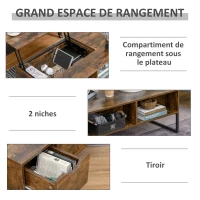 HOMCOM Table Basse rectangulaire Style Industriel tiroir 2 niches Plateau relevable métal Noir Panneaux Particules Aspect Vieux Bois veinage(m-5)