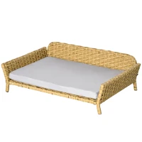 PawHut Rattan Hundesofa Hundekorb Hundebett mit Kissen Katzenbett Katzensofa Geflochtenes Haustiersofa für kleine und mittelgroße Hunde erhöhtes Design wetterbeständig Gelb 84 x 53 x 25 cm(m-10)